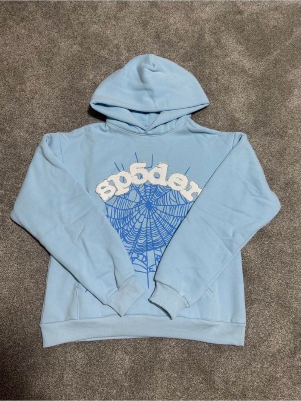 Light Blue Graphic Hoodie with Spiderweb Motif